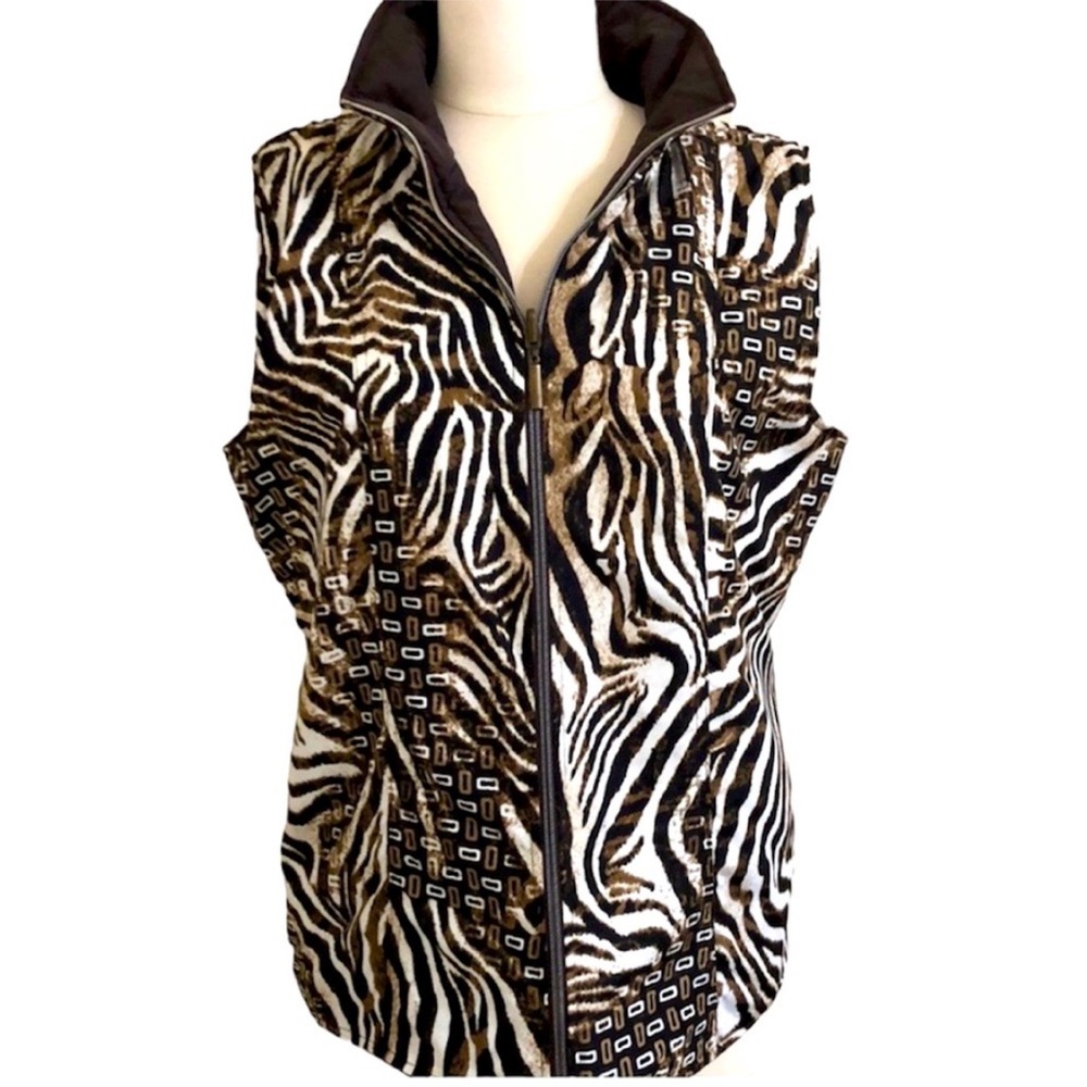 Womens Brown and Cream Reversible Zip Front Animal Zebra Leopard Print Vest Med